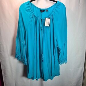 Investments II Turquoise 2X Blouse Flare Lace Sleeves Boho Tie Neck Hippie